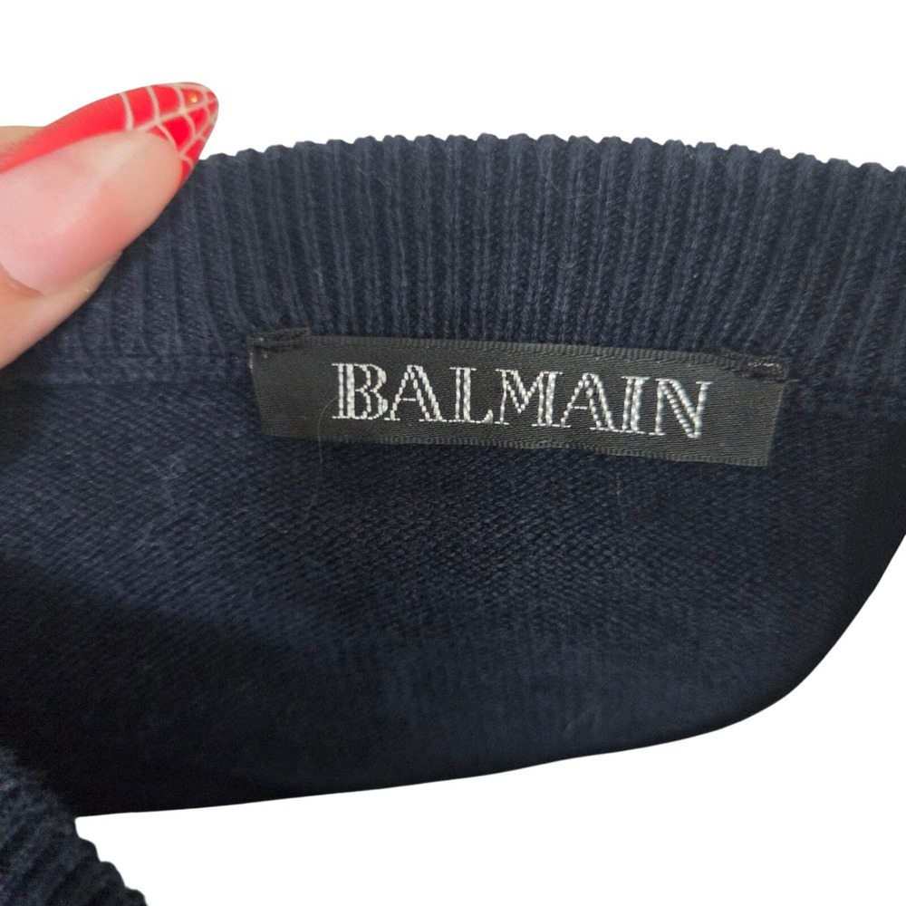 Balmain Paris Logo Knit Sweater Navy Cotton Crewneck L Quiet Luxury $600 MSRP - Picture 3 of 7